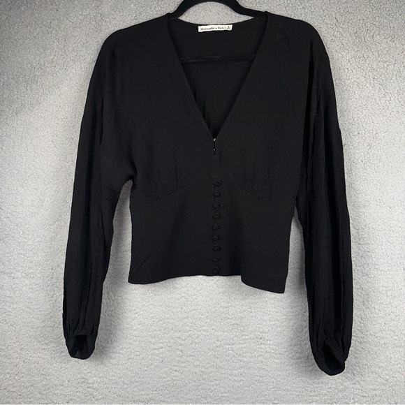 Abercrombie & Fitch Top Womens Small Black Babydoll Button Front Smocked Back - Picture 1 of 5